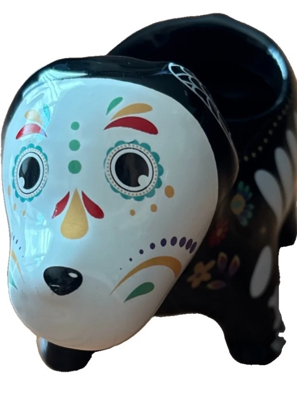 Trader Joes Day of the Dead Skeleton Dog Planter Ceramic Halloween Dia Muertos